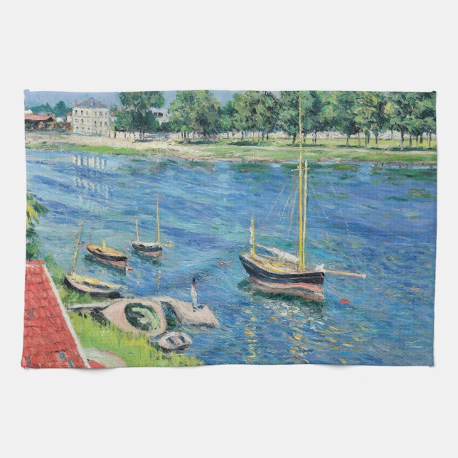 Caillebotte - Seine at Argenteuil, Boats at anchor Tea Towel (Horizontal)