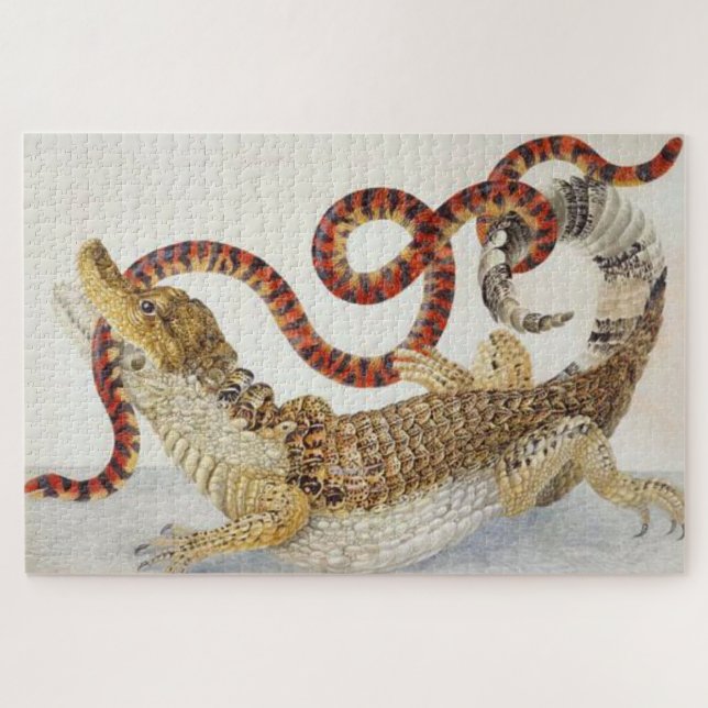 Caimans eating a orange and black snake jigsaw puzzle (Horizontal)
