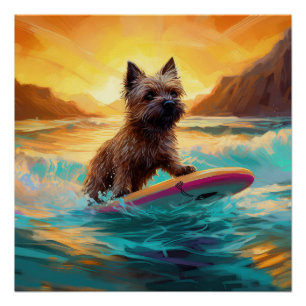 Cairn Terrier Beach Surfing Painting Poster