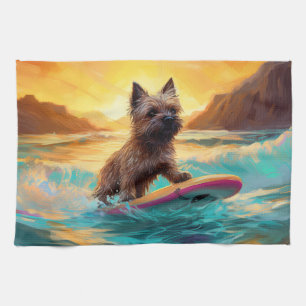 Cairn Terrier Beach Surfing Painting Tea Towel