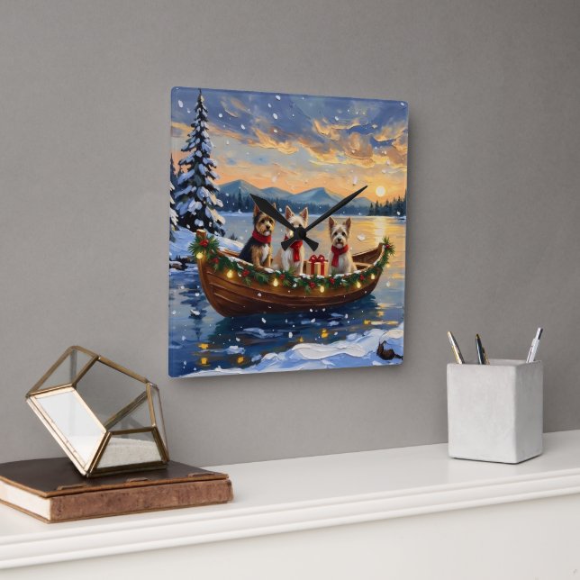 Cairn Terrier Christmas Boat Holiday Square Wall Clock (Office)