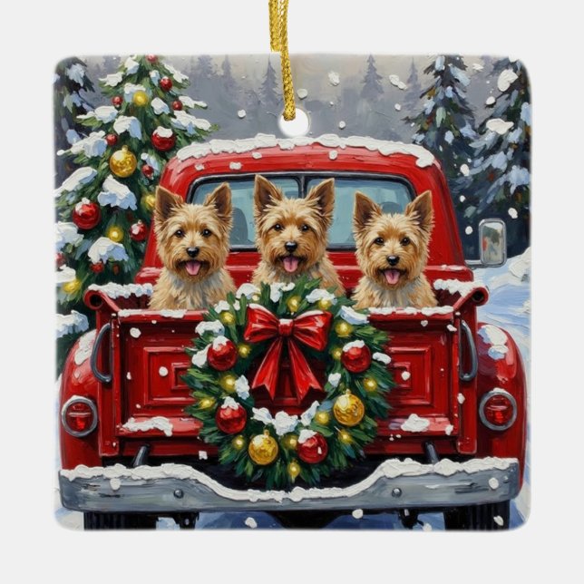 Cairn Terrier Christmas Red Truck Holiday Ceramic Ornament (Front)