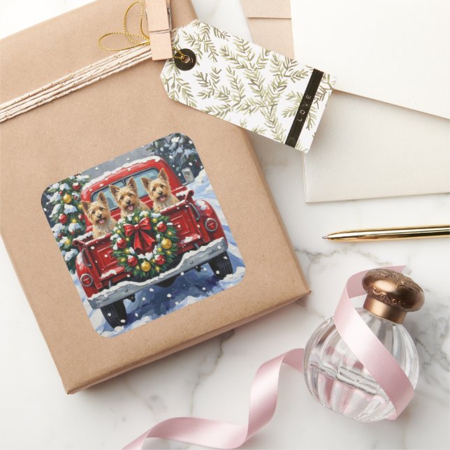 Cairn Terrier Christmas Red Truck Holiday Square Sticker (Gifting)