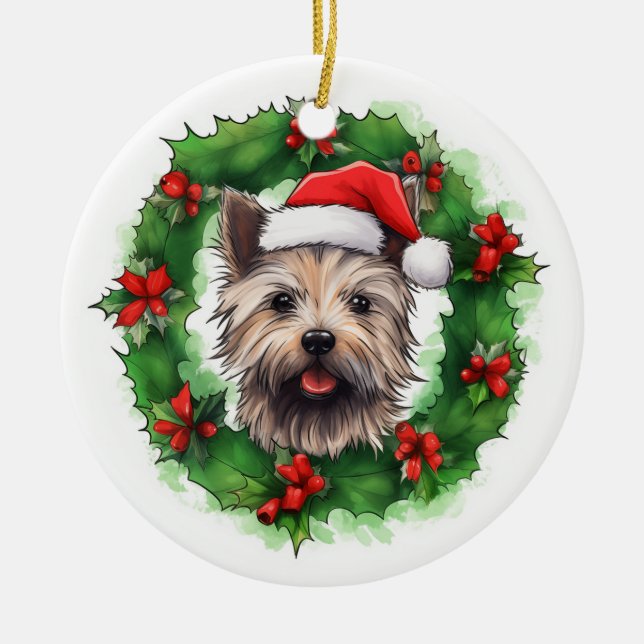Cairn Terrier Christmas Wreath Ceramic Ornament (Front)