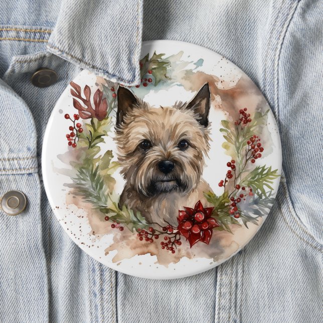 Cairn Terrier Christmas Wreath Festive Pup 6 Cm Round Badge (In Situ)