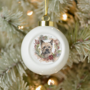 Cairn Terrier Christmas Wreath Festive Pup Ceramic Ball Christmas Ornament