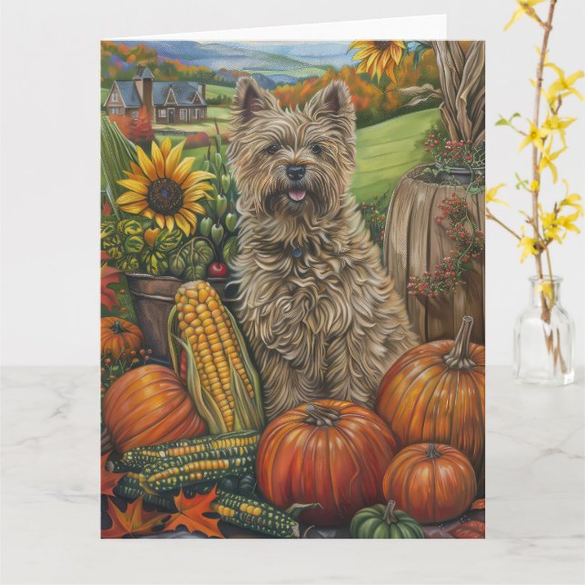 Cairn Terrier Dog Autumn Harvest Thanksgiving Card (Yellow Flower)