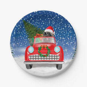 Cairn Terrier Dog Driving Car In Snow Christmas Paper Plate