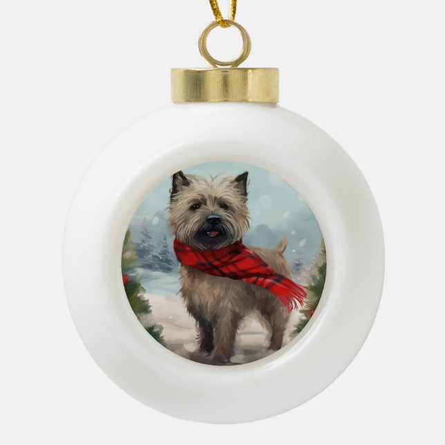 Cairn Terrier Dog in Snow Christmas Ceramic Ball Christmas Ornament (Front)