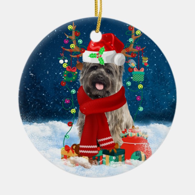 Cairn Terrier Dog in Snow with Christmas Gifts  Ceramic Ornament (Front)
