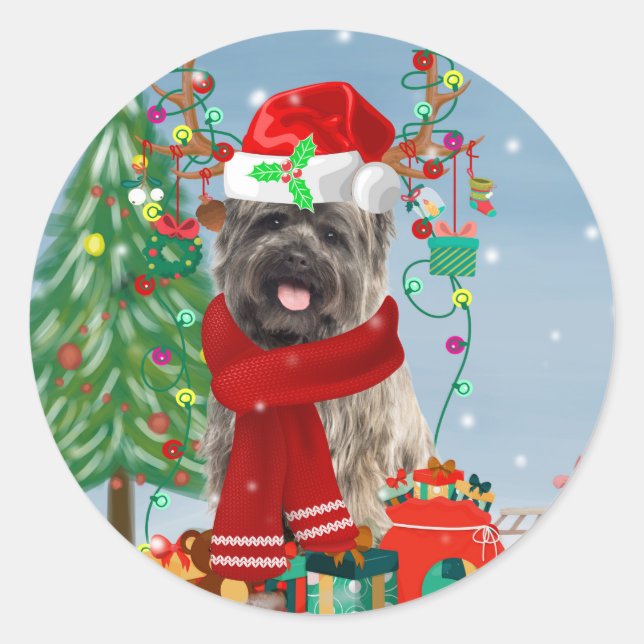 Cairn Terrier Dog in Snow with Christmas Gifts   Classic Round Sticker (Front)
