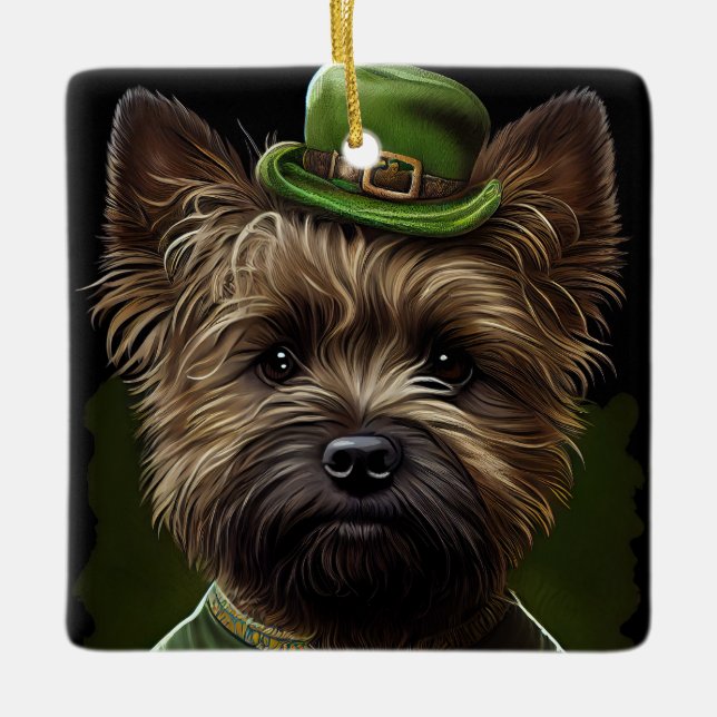 Cairn Terrier dog in St. Patrick's Day Dress Ceramic Ornament (Front)