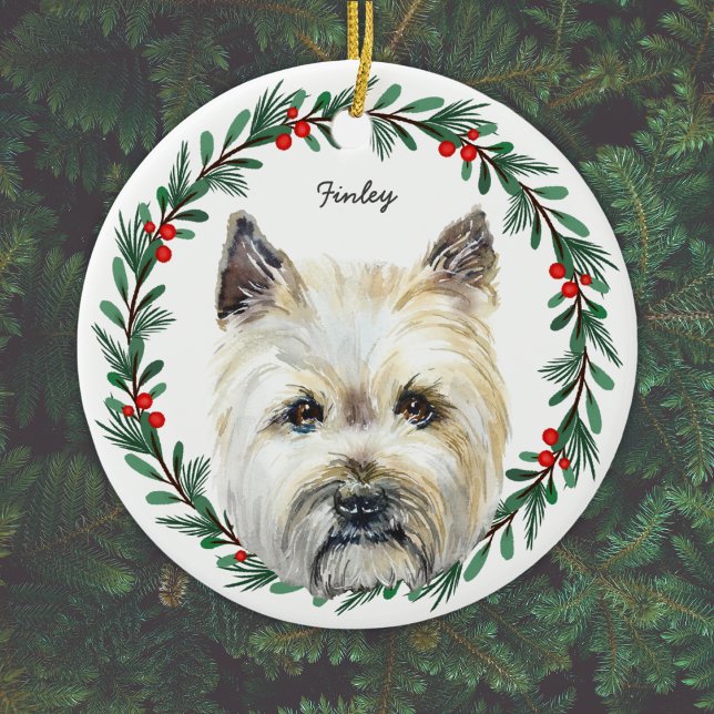 Cairn Terrier Dog Monogram Name Holiday Wreath Ceramic Ornament (Add name, or other short text, or delete text if not required.)