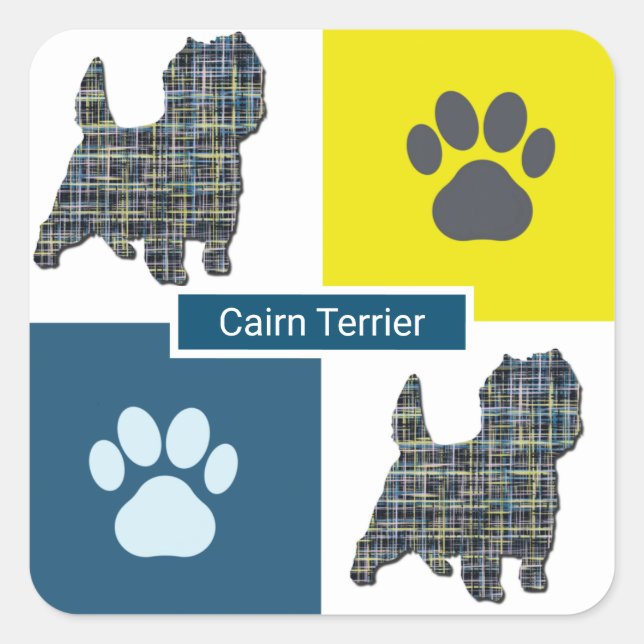 Cairn Terrier Dog & Paw Y&B Grid Square Sticker (Front)
