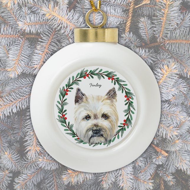  Cairn Terrier Dog Personalised Holiday Wreath Ceramic Ball Christmas Ornament (Add name, other short text, or delete name if no text required.)