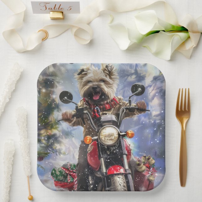 Cairn Terrier Dog Riding Motorcycle Christmas Paper Plate (Wedding)