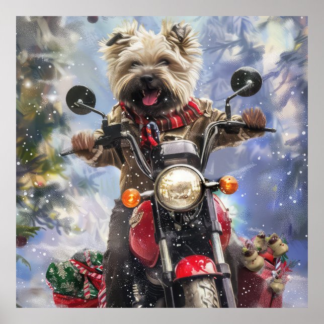 Cairn Terrier Dog Riding Motorcycle Christmas Poster (Front)