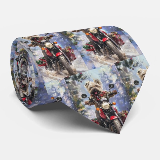 Cairn Terrier Dog Riding Motorcycle Christmas Tie (Rolled)