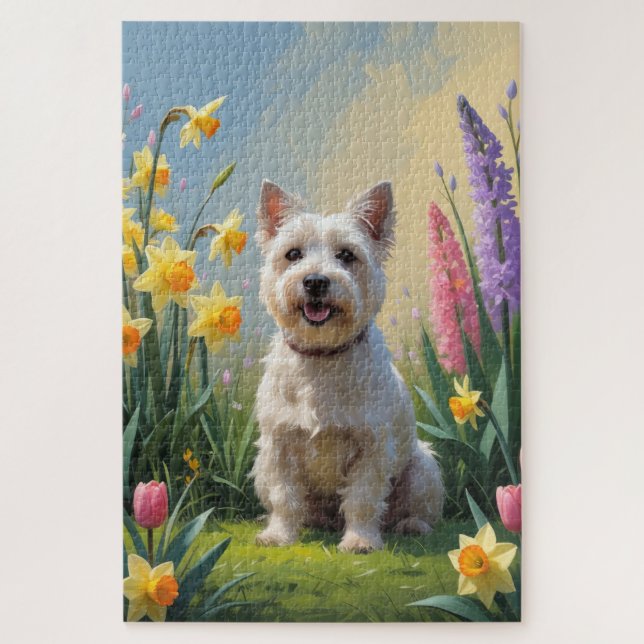 Cairn Terrier Dog Spring Flowers Painting Jigsaw Puzzle (Vertical)