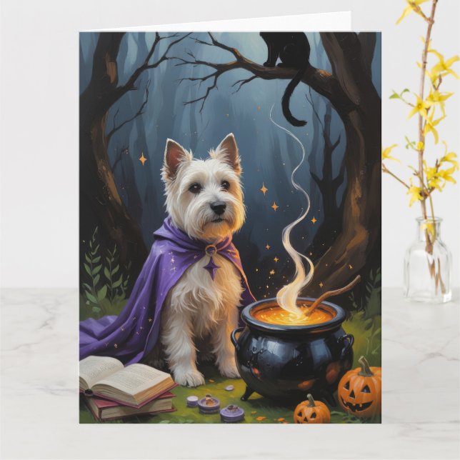Cairn Terrier Dog Whimsical Halloween Painting Card (Yellow Flower)