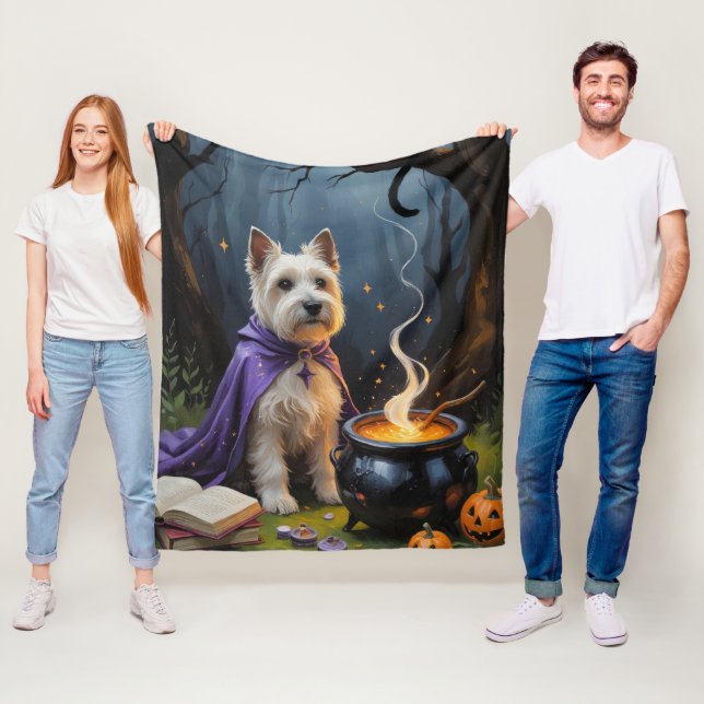Cairn Terrier Dog Whimsical Halloween Painting Fleece Blanket (In Situ)