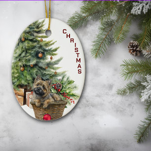 Cairn Terrier Dog Wicker Basket Christmas Ceramic Ornament