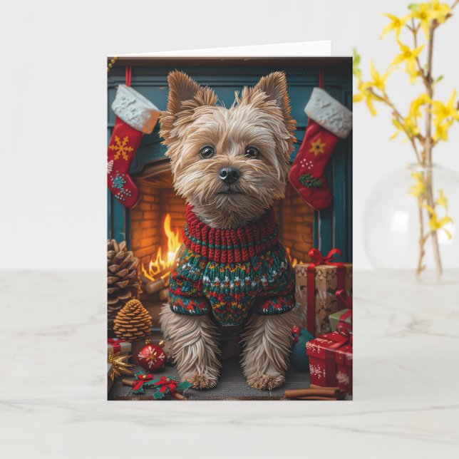Cairn Terrier Dog With Christmas Gifts Fireplace Card (Yellow Flower)