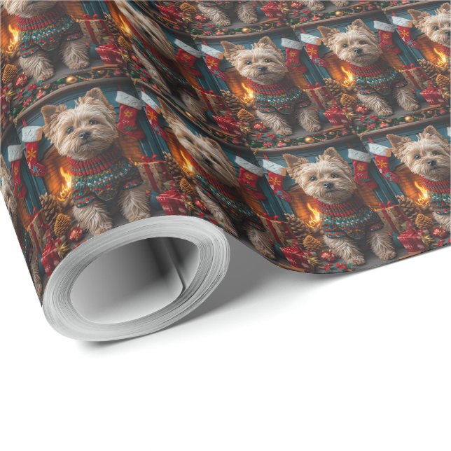 Cairn Terrier Dog With Christmas Gifts Fireplace Wrapping Paper (Roll Corner)