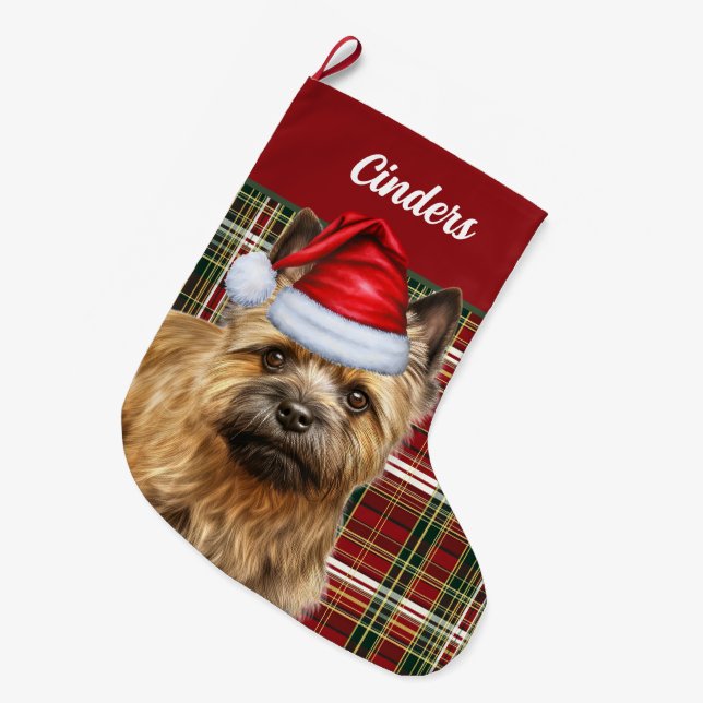 Cairn Terrier Dog with Holiday Plaid Personalised Large Christmas Stocking (Front (Hanging))
