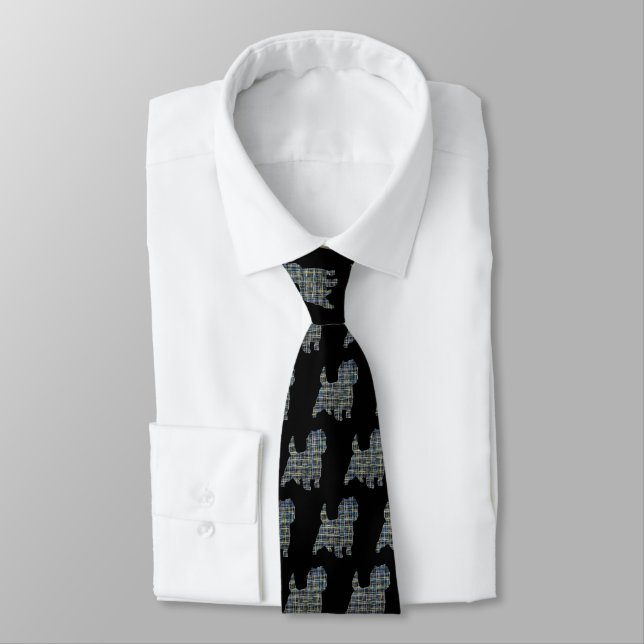 Cairn Terrier Dog Yellow & Blue Gridlines Black Tie (Tied)