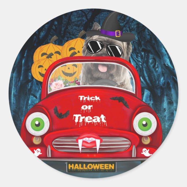 Cairn Terrier Driving Car Scary Halloween Classic Round Sticker (Front)