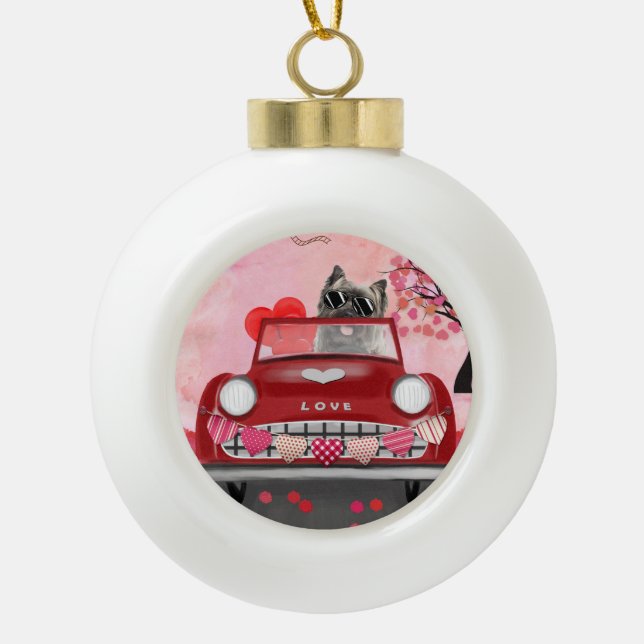 Cairn Terrier Driving Car with Hearts Valentine's Ceramic Ball Christmas Ornament (Front)
