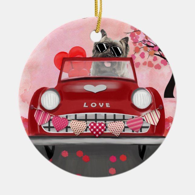 Cairn Terrier Driving Car with Hearts Valentine's Ceramic Ornament (Front)
