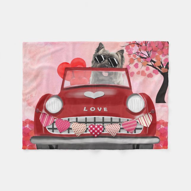 Cairn Terrier Driving Car with Hearts Valentine's  Fleece Blanket (Front (Horizontal))