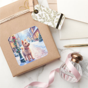 Cairn Terrier Festive Lamppost Village Christmas Square Sticker