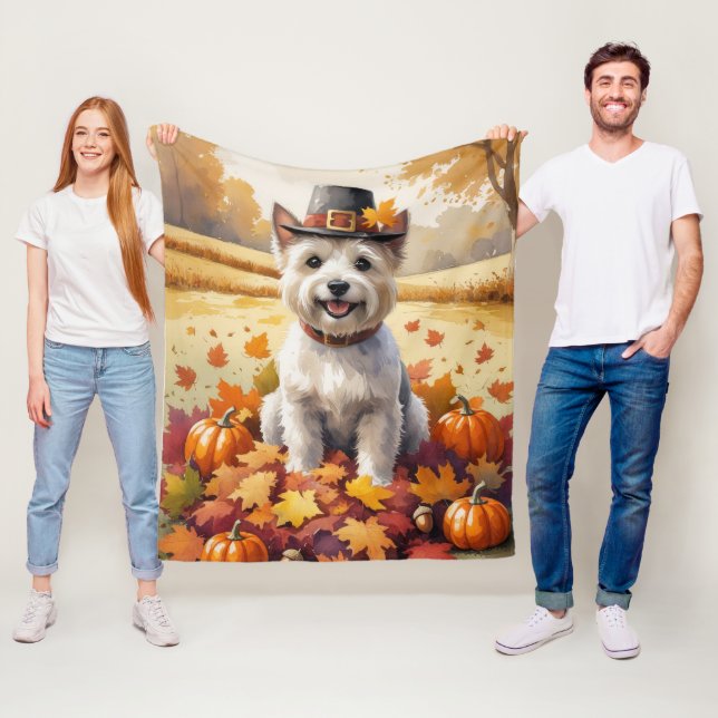 Cairn Terrier In Autumn Leaves Thanksgiving Art  Fleece Blanket (In Situ)
