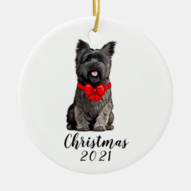Cairn Terrier in Christmas Bow Date Customisable   Ceramic Ornament (Front)