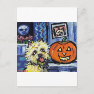 Cairn Terrier investigates glowing pumpkin Postcard