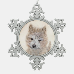 Cairn Terrier Puppy Painting - Original Dog Art Snowflake Pewter Christmas Ornament
