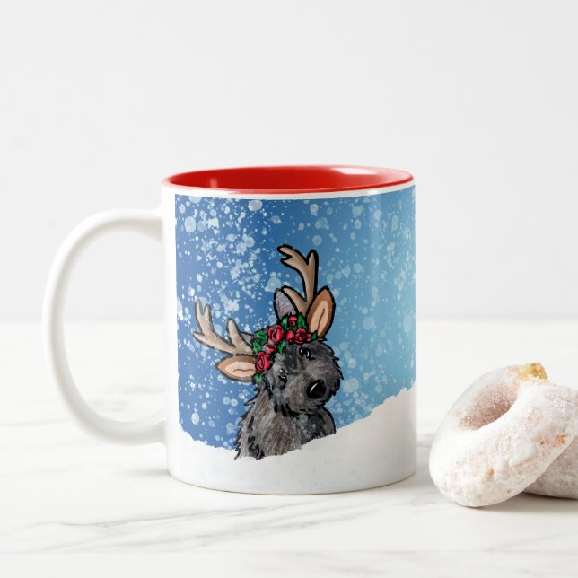 Cairn Terrier Reindeer Christmas Two-Tone Coffee Mug (With Donut)