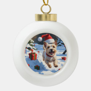 Cairn Terrier Running in Snow with Christmas Hat Ceramic Ball Christmas Ornament