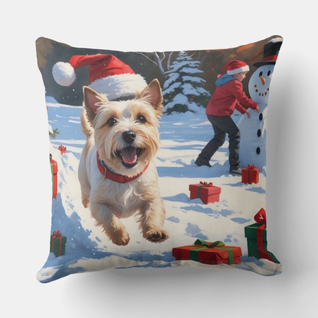 Cairn Terrier Running in Snow with Christmas Hat Cushion (Back)