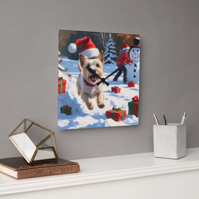 Cairn Terrier Running in Snow with Christmas Hat Square Wall Clock (Office)