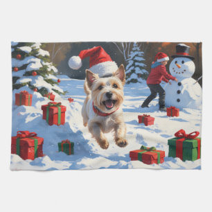 Cairn Terrier Running in Snow with Christmas Hat Tea Towel