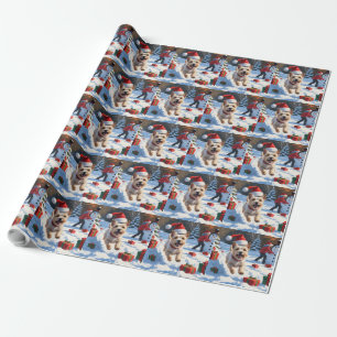 Cairn Terrier Running in Snow with Christmas Hat Wrapping Paper