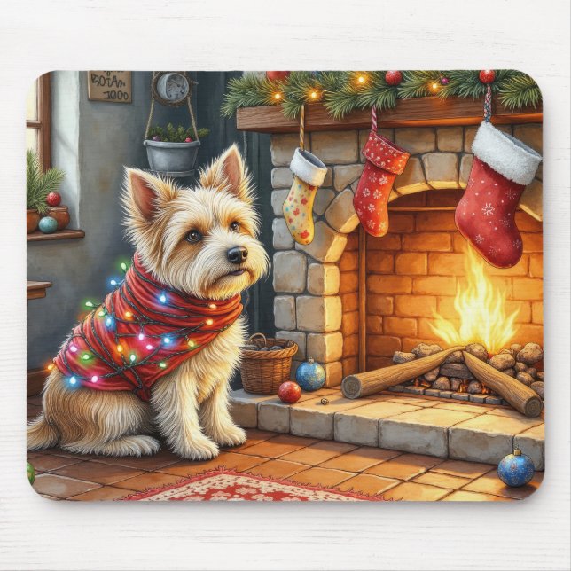 Cairn Terrier Sitting Fireplace Christmas Lights Mouse Pad (Front)