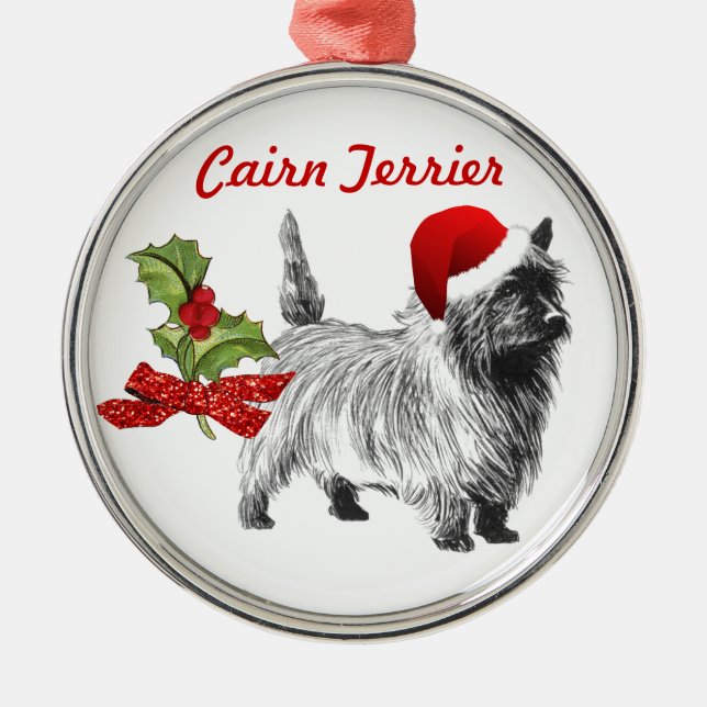 Cairn Terrier w/Santa Cap Holly Christmas Metal Ornament (Front)