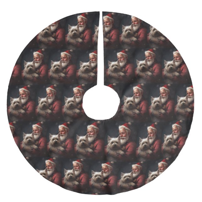 Cairn Terrier With Santa Claus Festive Christmas Brushed Polyester Tree Skirt (Front)