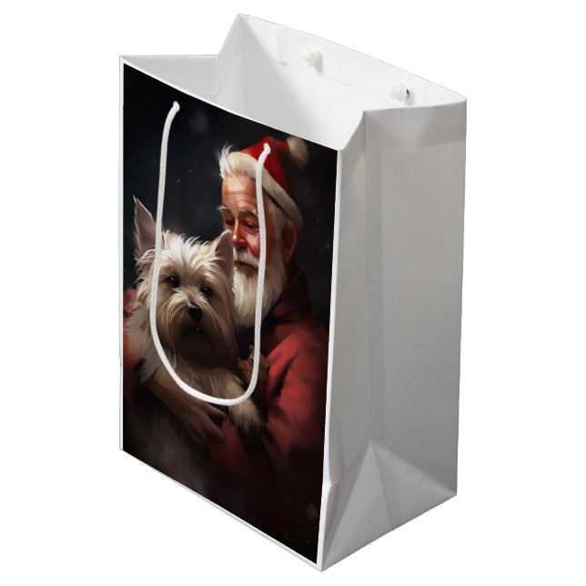 Cairn Terrier With Santa Claus Festive Christmas Medium Gift Bag (Front Angled)