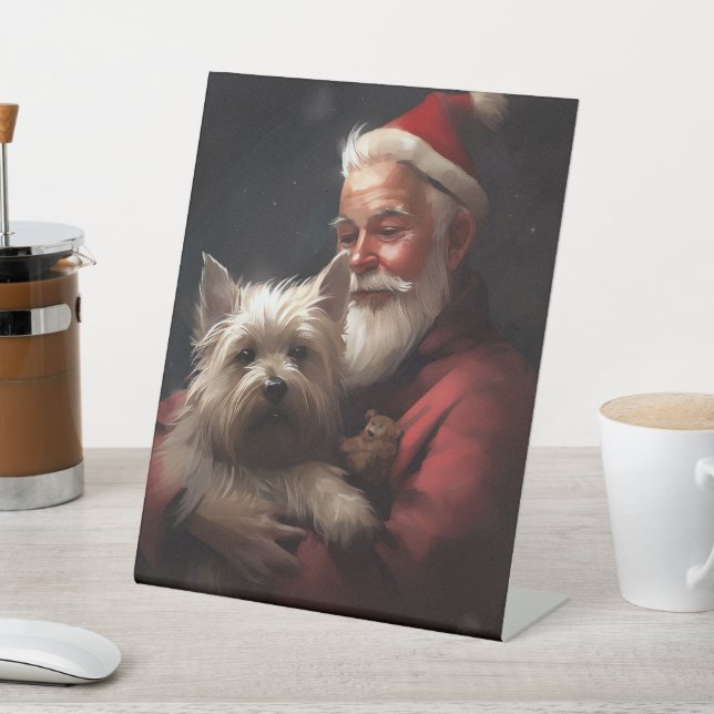 Cairn Terrier With Santa Claus Festive Christmas Pedestal Sign (In SItu)